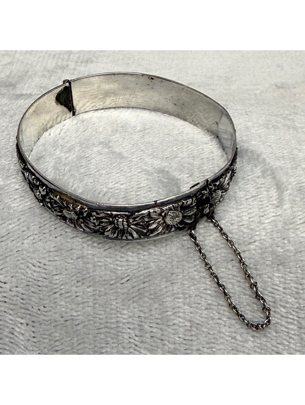 Rare Signed French Art Nouveau Sterling Silver Bangle Clasp CF Paris Sunflower